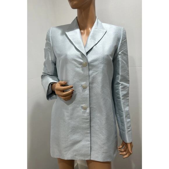 ellen tracy Silk Long Blazer Size 8 Sky Blue Taffeta Long Sleeve 3 Button Close - Picture 2 of 10